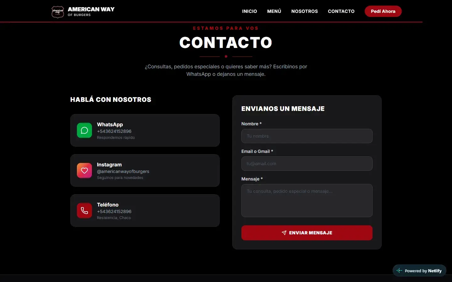 American Way of Burgers: sección Contacto